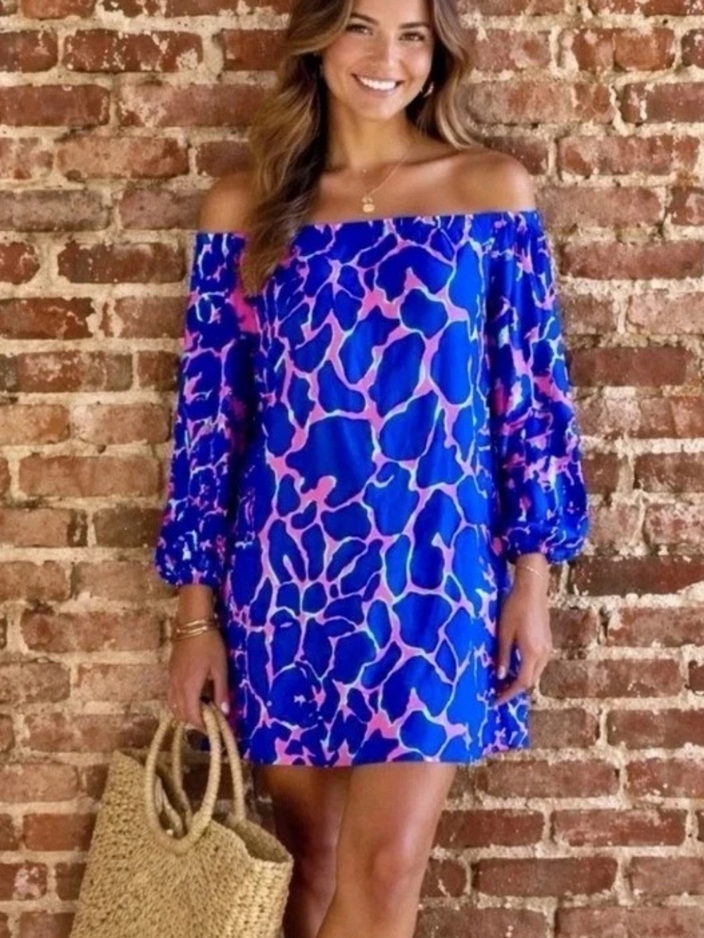 Lilly Pulitzer Off-Shoulder Blue and Pink Print Mini Dress
